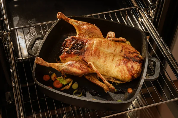 Anatra intera arrosto in una padella nera su una griglia in forno per un menu di Natale festivo — Foto Stock