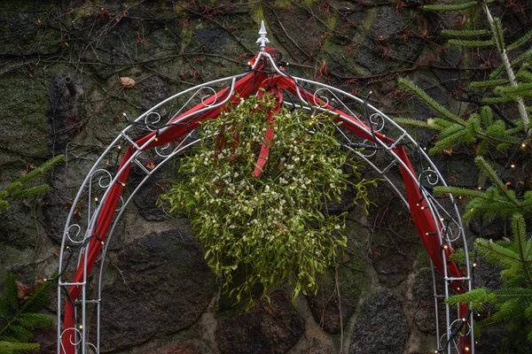 Galhos de visco em um arco de metal na frente de uma parede de pedra, de acordo com o costume tradicional de Natal, você pode beijar qualquer pessoa embaixo — Fotografia de Stock