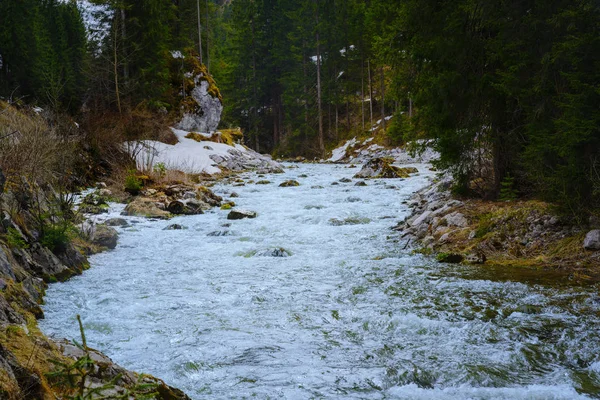 Paisaje con un arroyo de agua blanca de la montaña de agua derretida en el bosque —  Fotos de Stock