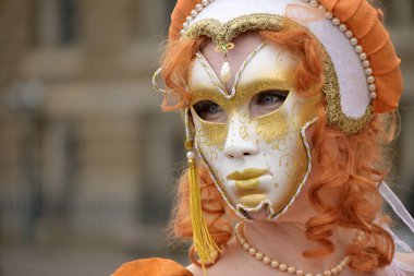 Hamburg, Germany, February 08, 2020: Beautiful female mask at the carnival celebration Maskenzauber, that means Magic Masks, a street festival in Hamburg on the Alster as a tribute to the original event in Venice, copy space