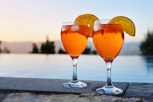 Two Glasses Spritz Veneziano Italian Cocktail Drink Aperol Prosecco Soda — Stock Photo, Image