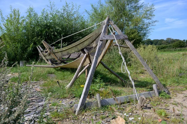 Quadro Histórico Construção Barcos Aldeia Viking Reconstruída Hedeby Entrada Schlei — Fotografia de Stock