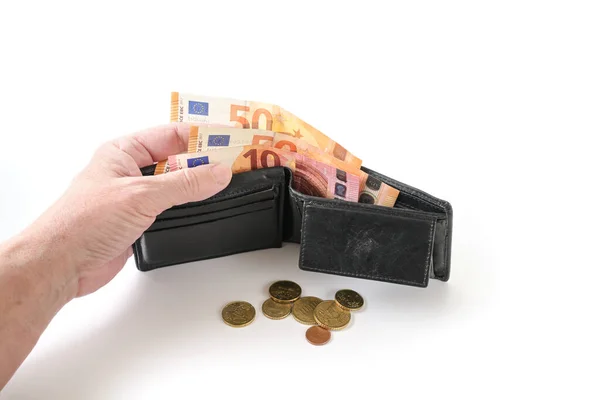 Ręka Kobiety Portfelem Kilkoma Monetami Banknotami Euro Kontrola Pieniądza Ubóstwie — Zdjęcie stockowe