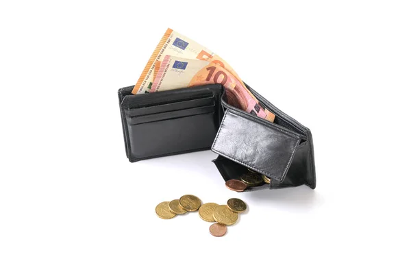 Offene Brieftasche Mit Einigen Euro Münzen Und Scheinen Geldscheck Einer — Stockfoto