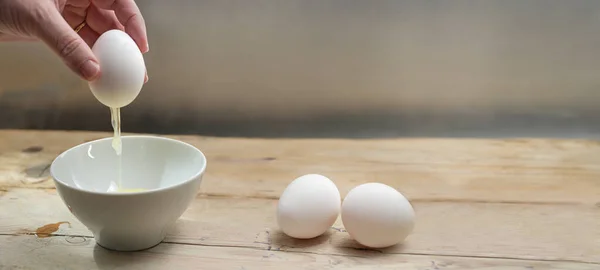 Hand Older Woman Holding Whole Egg Shell While Protein Running — Stock Photo, Image