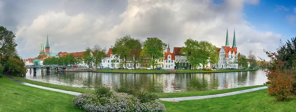 Wide Panorama Historic Old Town Luebeck River Trave Northern Germany — Stock Photo, Image