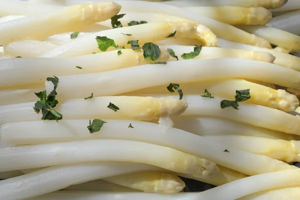 Cooked White Asparagus Herb Garnish Full Frame Background Selected Focus — Stock Photo, Image