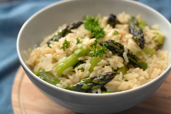 Freshly Cooked Risotto Green Asparagus Parmesan Parsley Garnish White Bowl — Stock Photo, Image