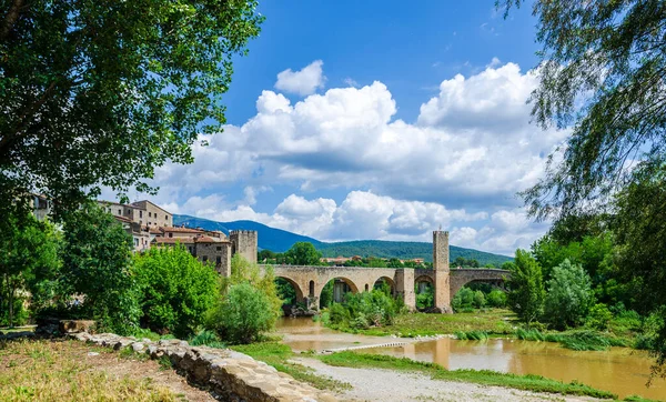 Medieval bridge of Besalu. View from north fortificated town. Garrotxa, Girona, Catalonia, Spain