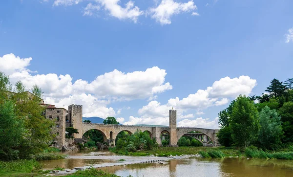 Medieval bridge of Besalu. View from north fortificated town. Garrotxa, Girona, Catalonia, Spain