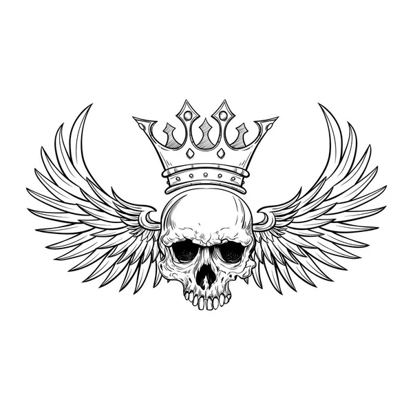Human skull with wings and crown for tattoo design. — Stock Vector
