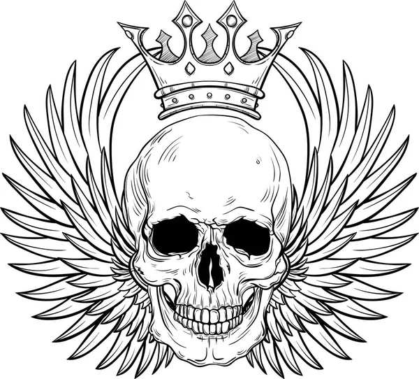 Human skull with wings and crown for tattoo design. — Stock Vector