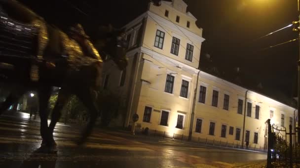 Krakow Sonbaharında Gece Iki Siyah Atlı Beyaz Antika Araba Sokaklarda — Stok video