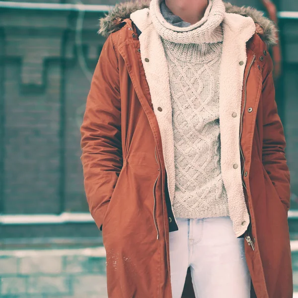 Fashion male look, jacket and sweater closeup, soft vintage colo — Stock Photo, Image