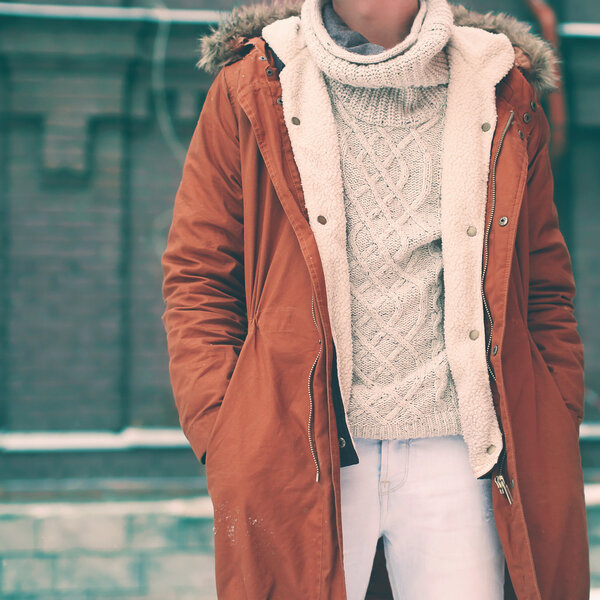 Fashion male look, jacket and sweater closeup, soft vintage colo