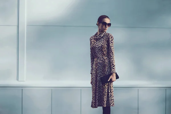 Модная роскошная женщина в леопардовом платье с сумкой — стоковое фото