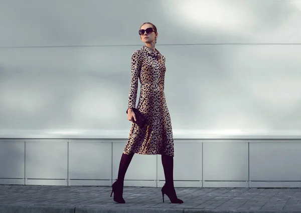 Divatmodell nő egy leopárd ruhát visel sétál egy még — Stock Fotó