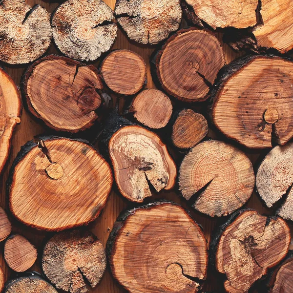 Closeup detail of a pile of natural wooden logs background, top — Stock Photo, Image