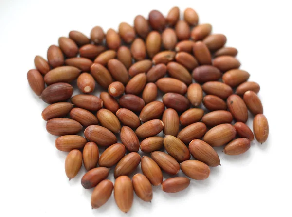 A lot of acorns oak isolated on a white background, top view — Stock Photo, Image