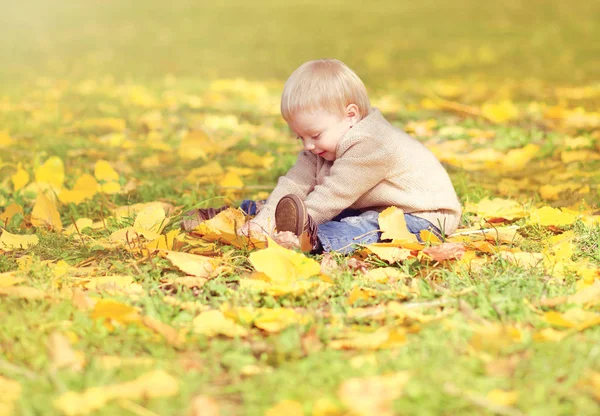 Autumn season! Happy little child sits on the grass, plays with — Stock Photo, Image