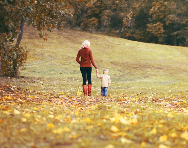 Mother and child walking together in an autumn park, yellow leav — Stock Photo, Image