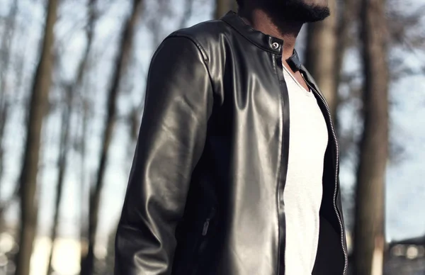 Fashion man in black leather jacket closeup — Stock Photo, Image