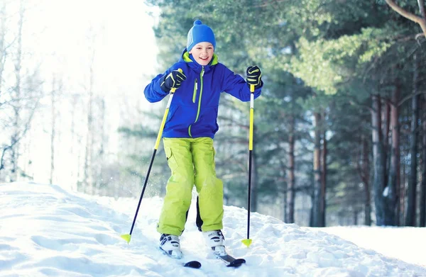 Esquiador criança vestindo um sportswear é esquiar na floresta de inverno em t — Fotografia de Stock