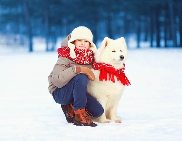幸せな笑顔の子少年は勝利で白いサモエド犬を連れて歩いてください。 — ストック写真
