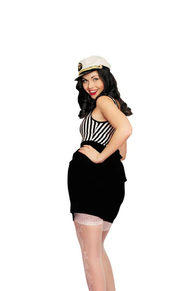 Attractive Smiling Brunette Woman Pin Style Wearing Sailor Costume Isolated — Stock Photo, Image