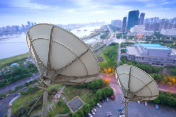 Picture of parabolic satellite dish space technology receivers — Stock Photo, Image