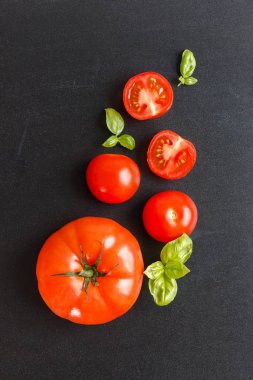 Taze kiraz domates bitki bir siyah kara tahta zemin üzerine