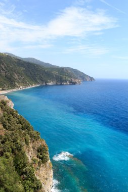 Kayalık sahil ve Cinque Terre Köyü Manarola ve Akdeniz, İtalya