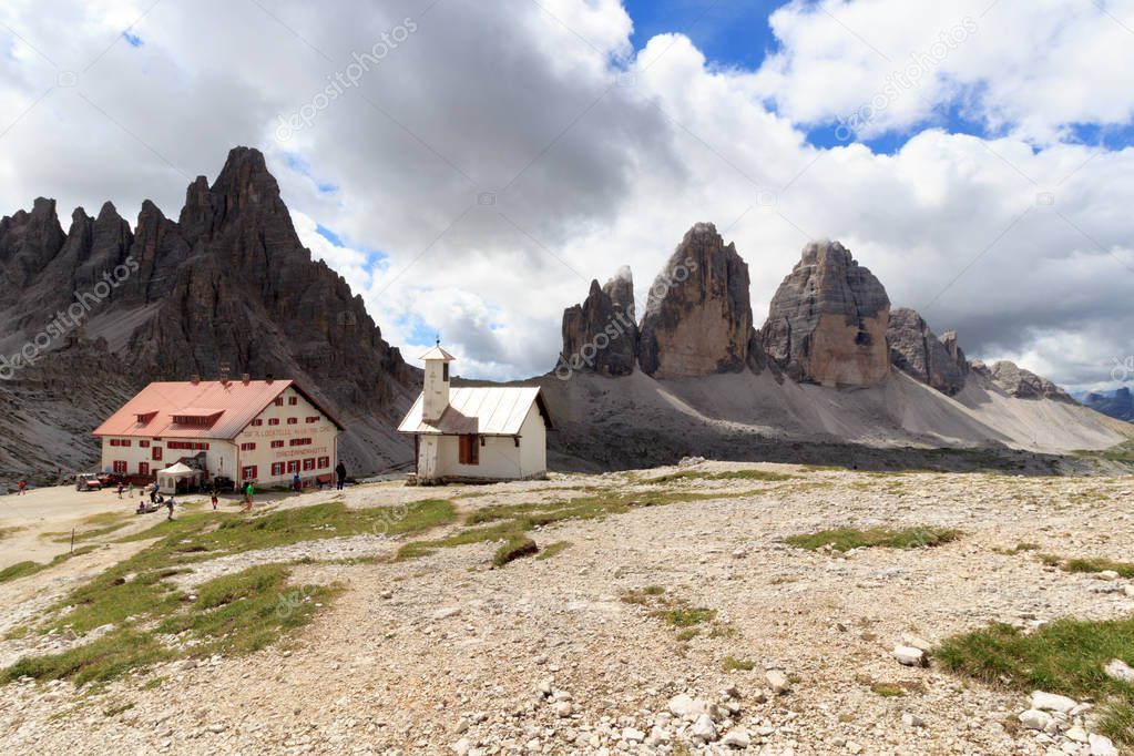 Mountain Drei Zinnen and Paternkofel and alpine hut Dreizinnenhutte in Sexten Dolomites, South Tyrol, Italy