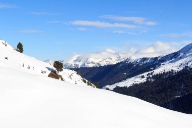 Dağ panorama Stubai Alps, Avusturya için kışın kar, ağaçlar ve mavi gökyüzü ile