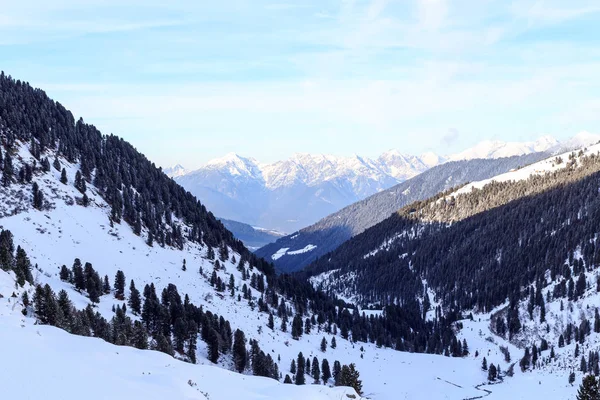 Dağ panorama ve ağaçları ile Stubai Alpler, Avusturya kışın karda