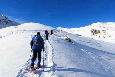 Bir grup insan kar ayakkabıları ve dağ kar panorama Stubai Alps, Avusturya için mavi gökyüzü ile hiking