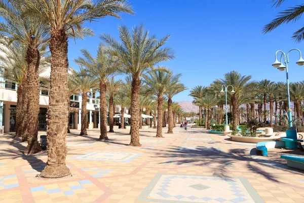Eilat resort strandpromenad med palmer och butiker, Israel — Stockfoto