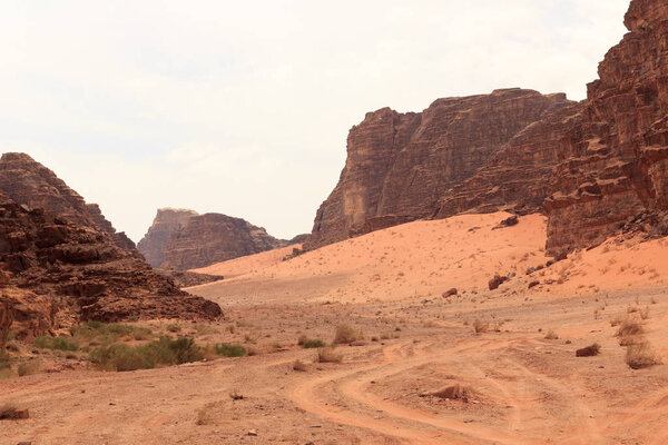 Wadi Rum desert panorama with dunes, mountains and sand that looks like planet Mars surface, Jordan