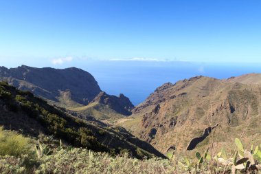 İspanya 'nın Tenerife Kanarya Adası' nda Atlantik Okyanusu ve La Gomera 'nın arka planında kayalıklar ve kayalar var.
