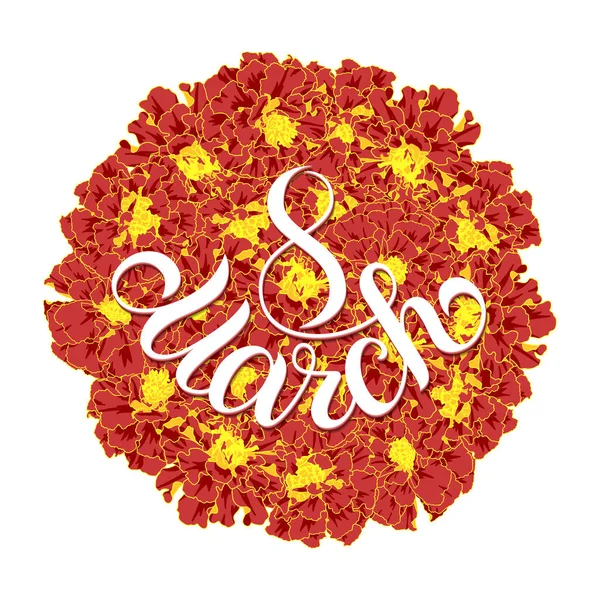 Tarjeta de regalo de vacaciones con letras de mano 8 Marzo y flor — Vector de stock