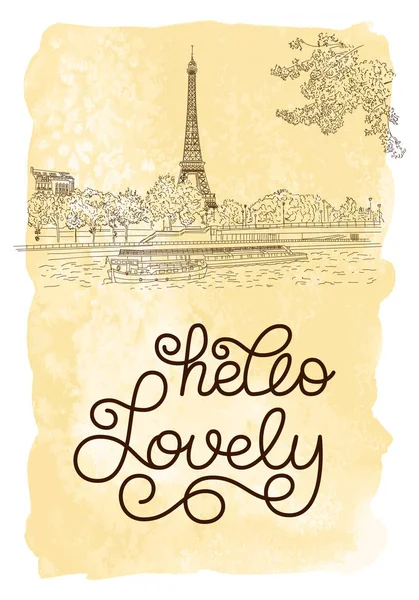 Carte cadeau avec lettrage à la main bonjour Belle et croquis de Paris — Image vectorielle