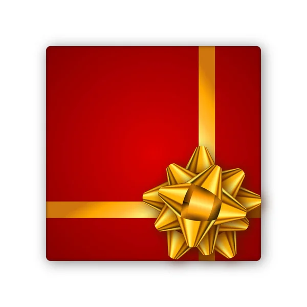 Regalo navideño caja roja con cinta dorada y lazo. Plantilla para una tarjeta de visita, banner, póster, volante, cuaderno, invitación — Archivo Imágenes Vectoriales