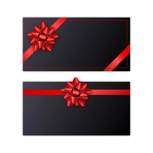 Набір чорної святкової подарункової картки з червоною стрічкою та бантом. Шаблон візитки, банер, плакат, блокнот, запрошення — стоковий вектор