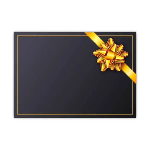 Чорна святкова подарункова листівка з золотою стрічкою та бантом. Шаблон візитки, банер, плакат, блокнот, запрошення — стоковий вектор