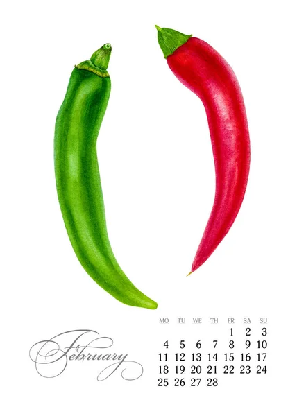 Κομψό εκτυπώσιμη ημερολόγιο 2019. Φεβρουαρίου. Ακουαρέλα πιπεριές. Βοτανική τέχνη. Πρότυπο για ένα πανό, σημειωματάριο, καλλυντικά, αρώματα ή πρόσκληση — Φωτογραφία Αρχείου