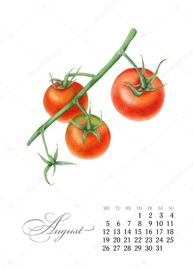 Elegant printable calendar 2019. August. Watercolor cherry tomatoes. Botanical art. Template for a banner, notebook, cosmetics, perfume or invitation