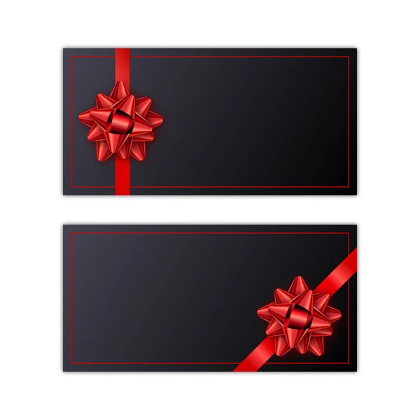 Set de tarjeta regalo navideña negra con cinta roja y lazo. Plantilla para una tarjeta de visita, banner, póster, cuaderno, invitación — Vector de stock