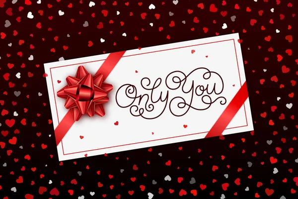 Tarjeta de San Valentín con letras modernas, lazo rojo y corazones en el fondo. Plantilla para una pancarta, póster, cuaderno, invitación — Vector de stock