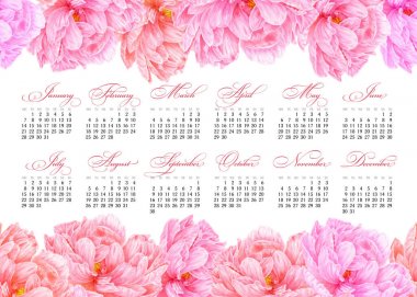 Zarif yazdırılabilir takvim 2019. Pembe suluboya Şakayık. Botanik sanat. Bir afiş, poster, defter, kozmetik, parfüm, tebrik kartı veya düğün davetiyesi için şablon