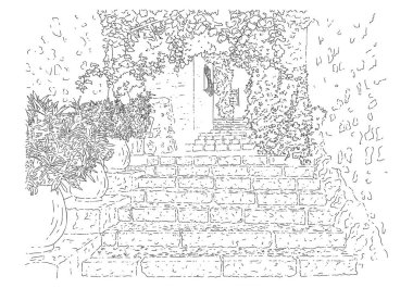 Şehir çizimi. Çizgi sanat silueti. Çizim stili vektör çizimi. Seyahat kartı. Turizm konsepti. Fransa, Saint-Paul-de-Vence. İzole edilmiş.